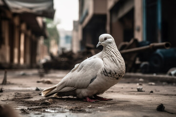 White dove sitting in rubble of war city. with tanks in blurry background. Generative AI illustration