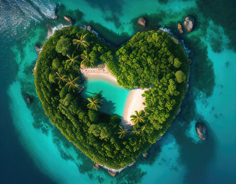 Aerial view of Paradise Island in the Shape of a Heart. Love Travel Concept. Generative AI.