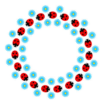 Round decorative summer frame with ladybugs and blue flowers design template.