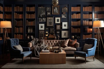 Contemporary Interior Design Background. Masculine Library. Generative AI.