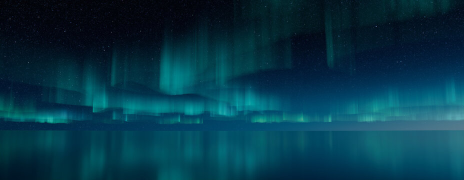 Northern Lights Background. Green Aurora Lights reflected in Water with copy-space. 