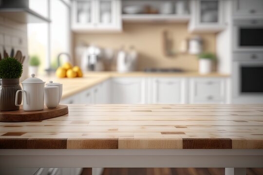 Light Wood Table on Blurred Kitchen Background, Modern Wooden Table Mockup for Montage Product Display, Generative AI Illustration