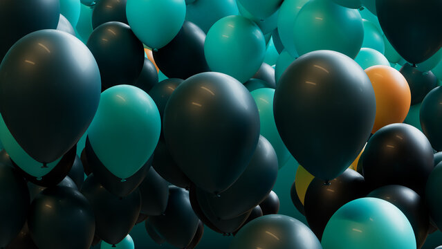 Youthful Carnival Background, with Teal, Turquoise and Yellow Balloons. 3D Render.