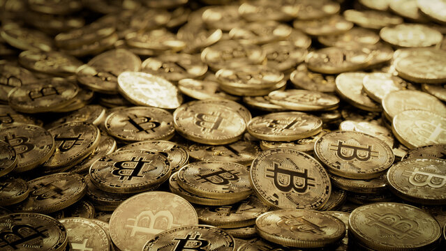Bitcoin Cryptocurrency represented as Gold Coins. Decentralized Money Background. 3D Render.