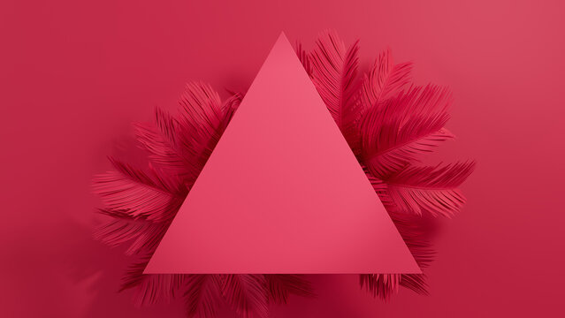 Pink, Contemporary Background with Triangle Botanical Frame. Palm Plant Border with copy-space.