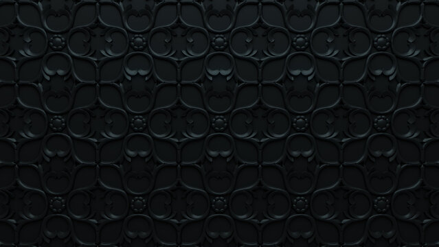 Intricate Dark Ornate Pattern Wallpaper. Black 3D Baroque Background.