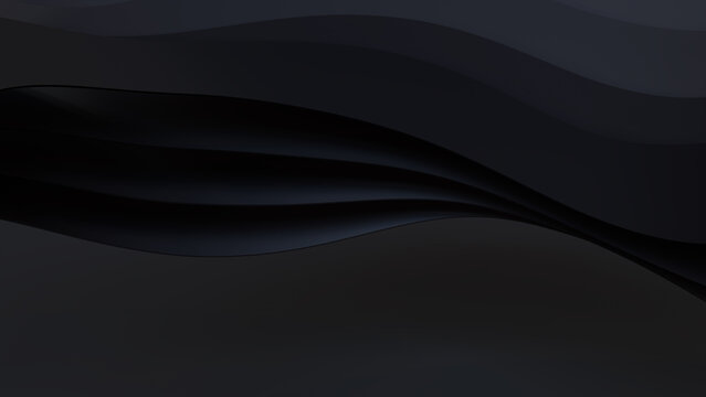 Abstract background formed from Black 3D Undulating lines. Dark 3D Render with copy-space.  