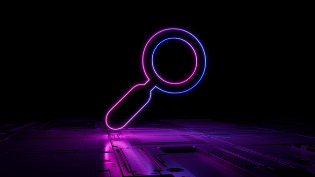 Pink and Blue Search Technology Concept with Magnifier symbol as a neon light. Vibrant colored icon, on a black background with high tech floor. 3D Render