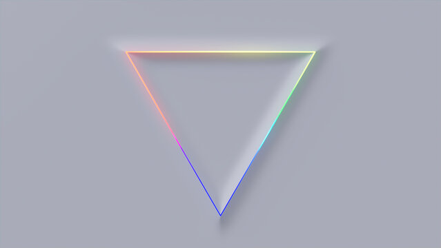 Minimalist Tech Background with Extruded Triangle and Rainbow Illuminated Edge. White Surface with Embossed 3D Shape. 3D Render.