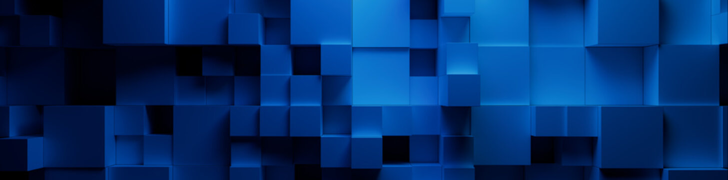 Blue, Multisized Cubes Perfectly Arranged to create a Modern Tech Background. 3D Render.