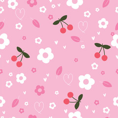 Seamless pattern with cherry fruit and daisy flower on pink background vector illustration.