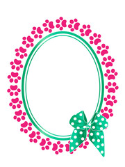 Oval decorative frame with pink paw prints animal and a green bow.