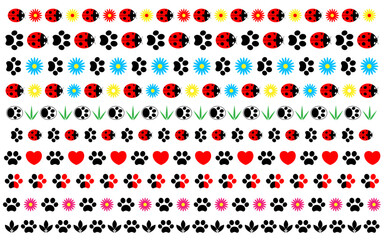 Set natural summery dividers borders with paw print animal ladybugs hearts flowers.