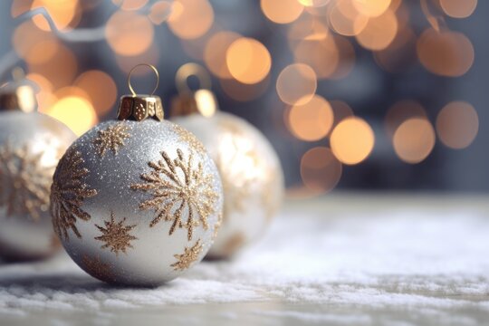 Festive Baubels with Snow and Bokeh. Premium Gold and Silver Christmas Background.