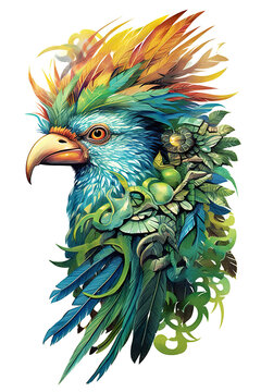 A colorful bird with feathers on its head. Generative AI. Sacred quetzal bird with vibrant plumage.