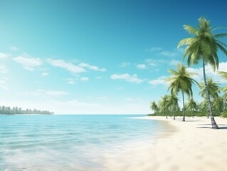 Plakat Tropical paradise beach with white sand and coco palms, Panoramic beach landscape. Empty tropical beach and seascape, AI Generated