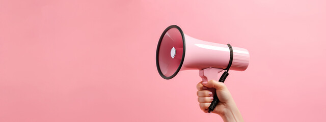 Hand holding pink megaphone on pink background.  Product and service promotion. Mobile communications. Attention and getting noticed. - obrazy, fototapety, plakaty