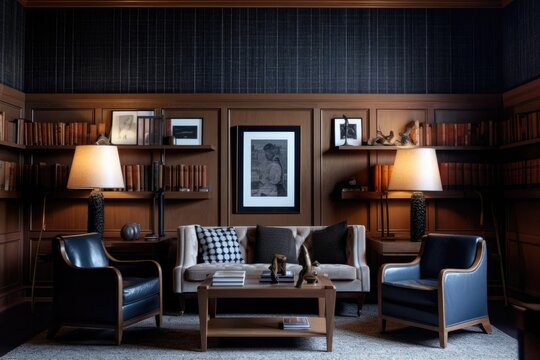 Mid Century Library Background. Contemporary Interior Design. Generative AI.