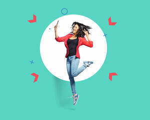 positive young women with smartphone jumping in air over colorful backgrounds. Success Concept. Art collage.