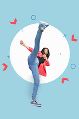 positive young women kicks his leg in air over colorful backgrounds. Ready for the job.