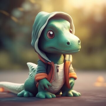 3D cartoon Dino portrait wearing clothes, standing in front, generative ai