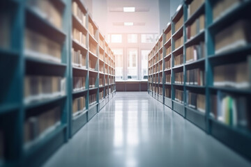 Abstract blurred empty college library interior space. Blurry classroom with bookshelves by defocused effect. use for background or backdrop in book shop business or education resources concepts - ai.