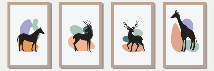 animal Silhouette vector set in frame with abstract shape , illustration