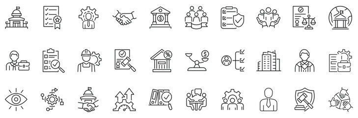 Set of line icons related to governance, management, gov. Outline icon collection. Editable stroke. Vector illustration - 604810701