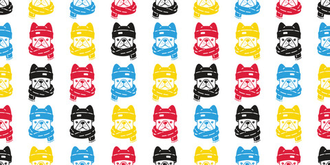 dog seamless pattern french bulldog knitting hat scarf christmas pet puppy doodle vector rgb color cartoon gift wrapping paper tile background repeat wallpaper scarf isolated illustration design