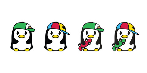 penguin vector cap hat skateboard icon skating bird logo extreme sport cartoon character rgb doodle illustration symbol design isolated