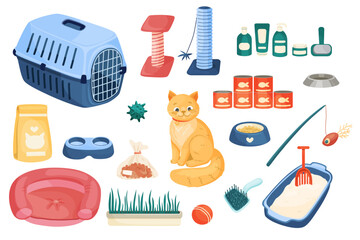 Cat and cat supply items set. Vector cartoon illustration.
