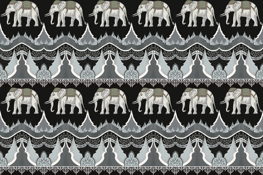 Ethnic Elephant and Pagoda seamless pattern.  Design for fabric, carpet, tile, embroidery, background and wallpaper