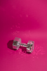 Dumbbell on magenta background. Shining bright sport. Copy space.