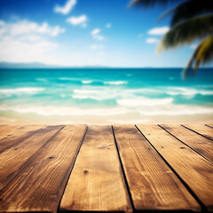 Fototapeta na wymiar wooden table and the tropical sand and turquoise sea beach blurred bokeh background