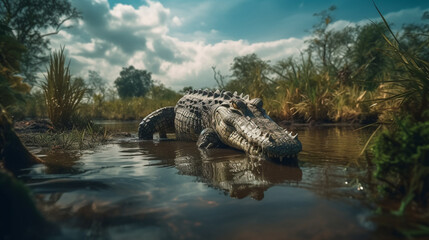 Fototapeta premium A crocodile sits on the ground in a muddy area