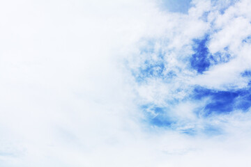 Fototapeta premium White cirrus clouds blue sky background, fluffy cumulus cloud texture closeup, beautiful cloudy skies, cloudscape, summer sunny day heaven, cloudiness weather backdrop, ozone layer, overcast, oxygen