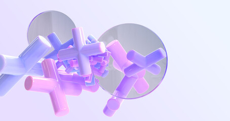 Flying glass circle disks, crystal plates and pink purple crosses on abstract background 3d render. Blur clear discs, frames with glossy geometric shapes, fashion wallpaper, banner. 3D illustration