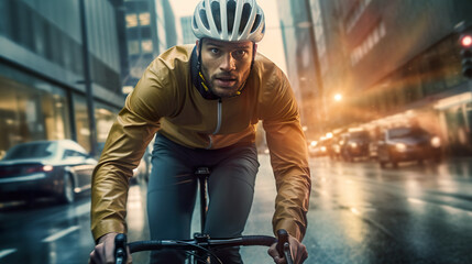 A man riding a bike down a city street. Generative AI.