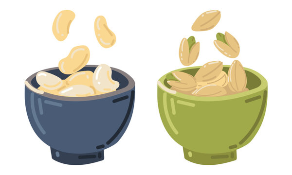 Nuts separately in bowls of pistachios and cashews. Different nuts, a single icon in cartoon style, vector symbol, stock illustration. Vegetarian snack. Menu of restaurants, cafes