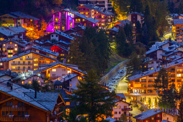 Aerial view of Zermatt at night, Switzerland