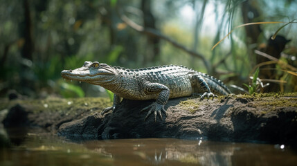 Obraz premium A crocodile sits on the ground in a muddy area