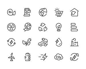 electric power clean energy green. icons CO2, solar geothermal wind energy, hydropower net zero, co2 eco, biofuel biomass, Friendly Power ecological environmental line editable stroke icon set vector