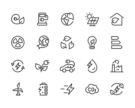 electric power clean energy green. icons CO2, solar geothermal wind energy, hydropower net zero, co2 eco, biofuel biomass, Friendly Power ecological environmental line editable stroke icon set vector