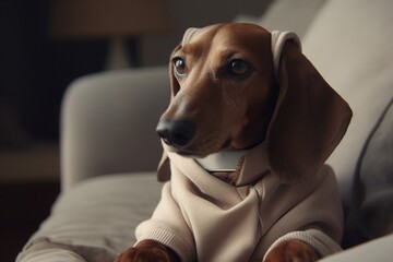 a dachshund in a jacket is sitting on the sofa. Pets. favorites small dogs generative ai