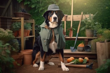 a BERNESE SENNENHUND dog in gardener's clothes in the garden. gardening concept. generative ai