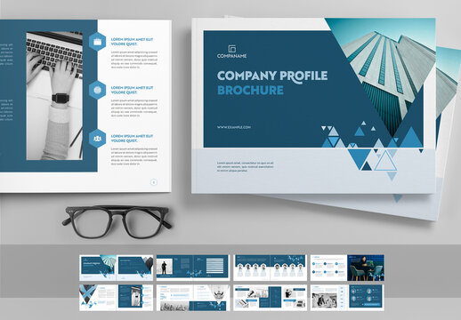 Company Profile Landscape Brochure Layout with Blue Accents