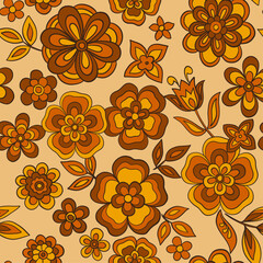 Groovy orange floral seamless pattern. Retro digital paint for fabric, textile, wallpaper, card with vintage aesthetic. Boho flower print. - 604813147