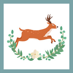 Running forest reindeer with vignette of green leaves, flat vector isolated.