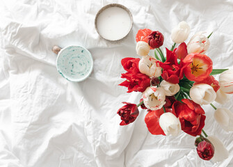 Bouquet of fresh tulips in a white bed, top view.
