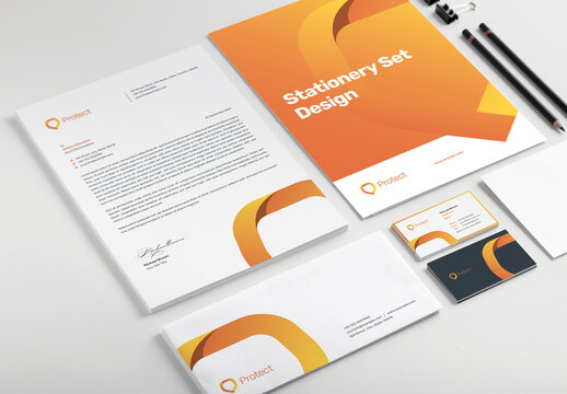 Stationery Set Layout with Orange Gradient Accents